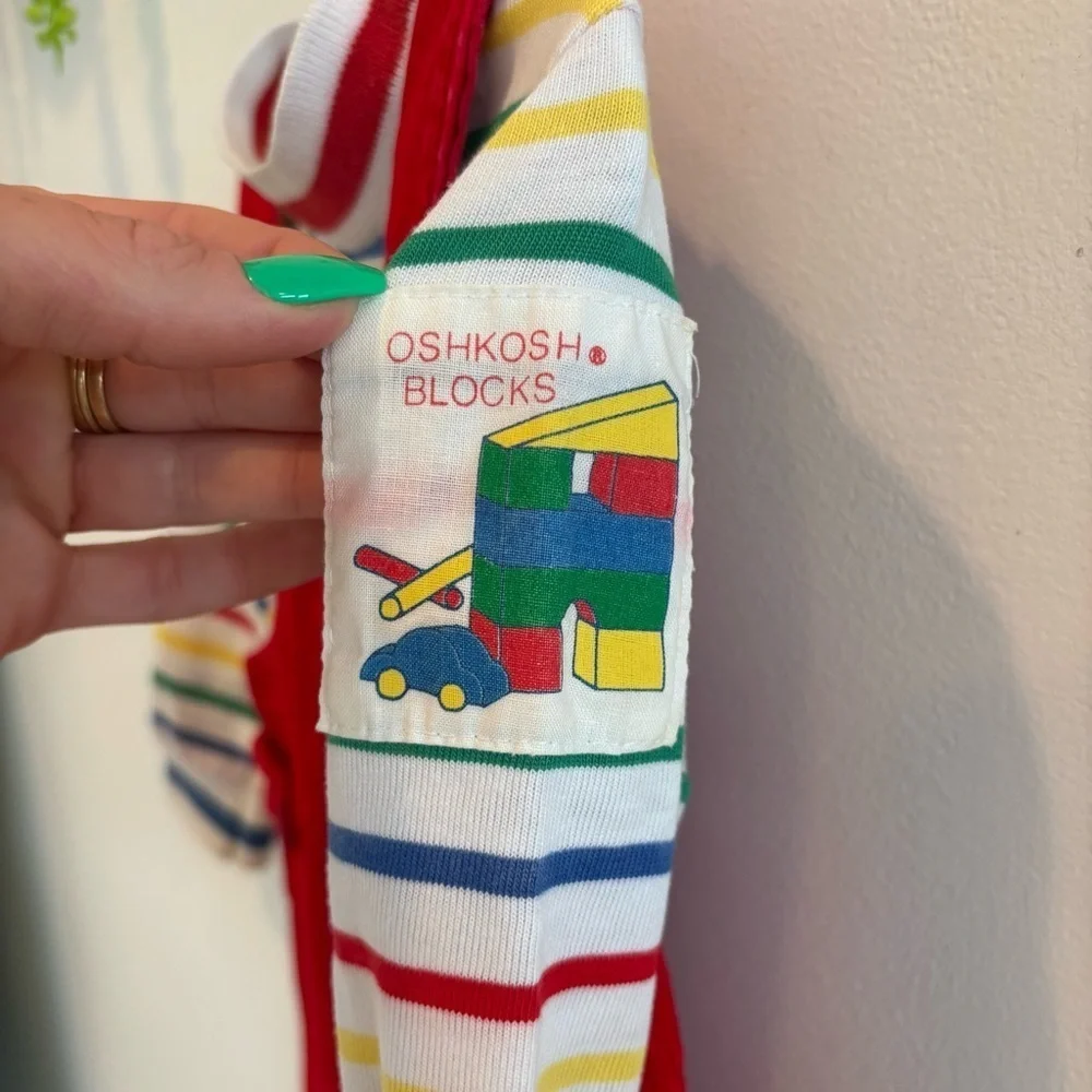 OshKosh B'Gosh Vintage 80's Rainbow Striped Mock Neck 18 mos Shirt Red Overalls